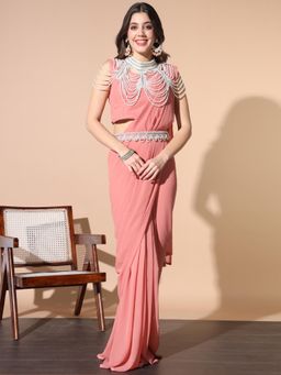 Chhabra 555 - Coral Solid/Plain Pre-Draped Saree with Stitched Blouse, Belt & Cape