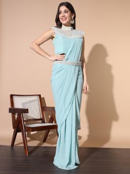 Chhabra 555 - Green Solid/Plain Pre-Draped Saree with Stitched Blouse, Belt & Cape