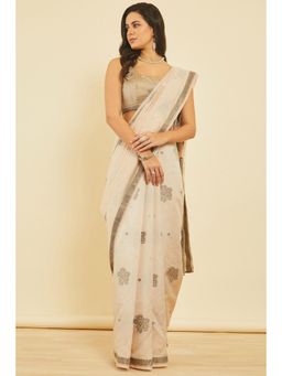 Soch - Women'S Cream Woven Design Art Silk Floral Saree with Unstitched Blouse