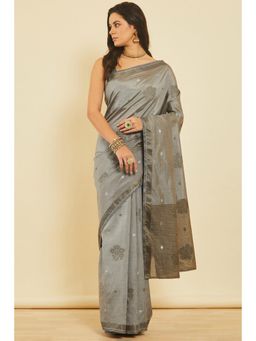 Soch - Women'S Grey Art Silk Floral Woven Design Saree with Unstitched Blouse