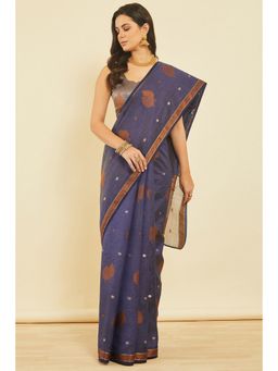 Soch - Women'S Navy Blue Ethnic Motif Woven Design Art Silk Saree with Unstitched Blouse
