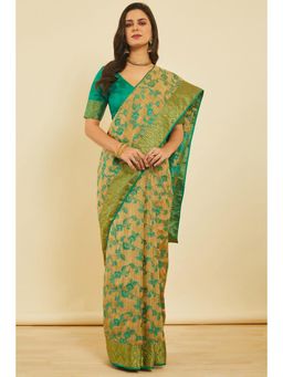 Soch - Women'S Teal Floral Woven Design Art Silk Saree with Unstitched Blouse