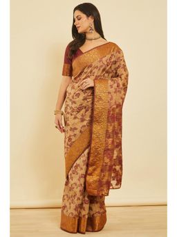 Soch - Women'S Maroon Floral Woven Design Art Silk Saree with Unstitched Blouse