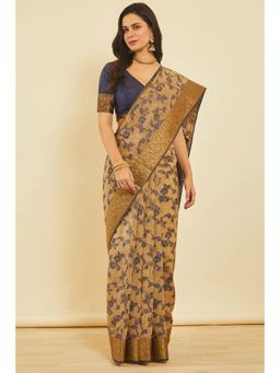Soch - Women'S Navy Blue Art Silk Floral Woven Design Saree with Unstitched Blouse