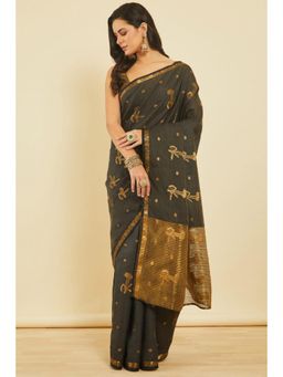 Soch - Women'S Charcoal Art Silk Zari Woven Design Floral Saree with Unstitched Blouse