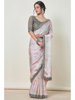 Soch - Women'S Pink Crepe Abstract Print Saree Zardozi Lace Border with Unstitched