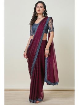 Soch - Women'S Wine Chiffon Striped Simmer Saree with Unstitched Blouse
