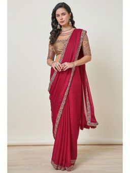 Soch - Women'S Maroon Striped Chiffon Zardozi Lace Saree with Unstitched Blouse