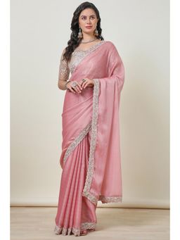 Soch - Women'S Blush Pink Chiffon Striped Zardozi Border Saree