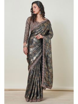 Soch - Women'S Grey Floral Georgette Zardozi Border Saree