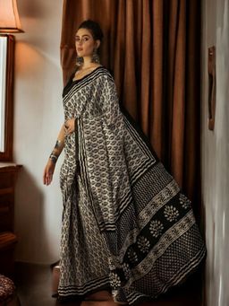 Stylum - Women'S Off White Traditional Dabu Print Bhagalpuri Silk Saree with Unstitched Blouse