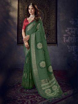 Stylum - Women'S Green Bhandej Aari Work Crushed Silk Saree with Unstitched Blouse