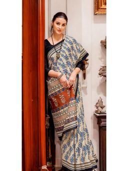 Stylum - Women'S Off White Block Printed Bhagalpuri Silk Saree with Unstitched Blouse
