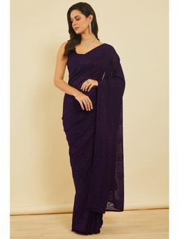 Soch - Women'S Wine Embroidered Georgette Stones Saree with Unstitched Blouse
