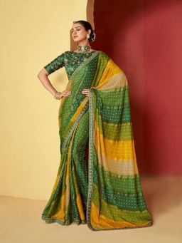 Stylum - Women'S Green Embroidery Coding Border Foil Chiffon Saree with Unstitched Blouse