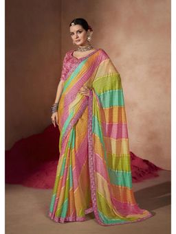Stylum - Women'S Pink Leheriya Foil Coding Border Chiffon Saree with Unstitched Blouse