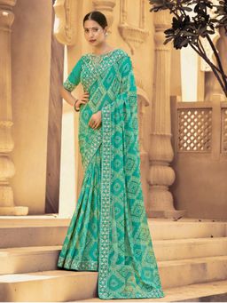 Stylum - Women'S Turquoise Bhandej Printed Georgette Saree with Unstitched Blouse