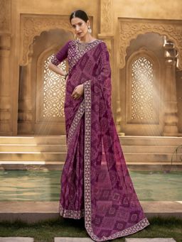 Stylum - Women'S Wine Bhandej Printed Georgette Saree with Unstitched Blouse