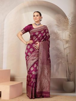 Stylum - Women'S Wine Ethnic Motifs Banarsi Woven Zari Silk Saree with Unstitched Blouse