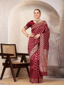 Stylum - Women'S Wine Ethnic Motifs Banarsi Woven Zari Silk Saree with Unstitched Blouse