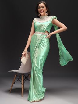 Chhabra 555 - Green Embellished Pre-Draped Saree with Stitched Blouse, Belt & Cape