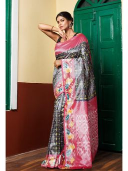 Unnati Silks - Grey Pure Pochampally Mercerized Cotton Silk Saree with Unstitched Blouse