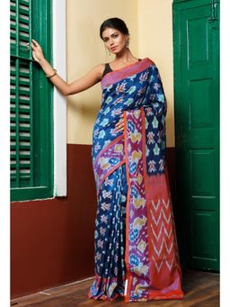 Unnati Silks - Peacock Blue Pure Pochampally Mercerized Cotton Silk Saree with Unstitched Blouse