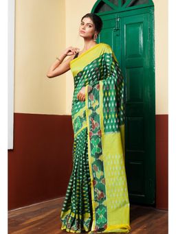 Unnati Silks - Green Pure Pochampally Mercerized Cotton Silk Saree with Unstitched Blouse