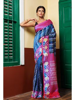 Unnati Silks - Peacock Blue Pure Pochampally Mercerized Cotton Silk Saree with Unstitched Blouse