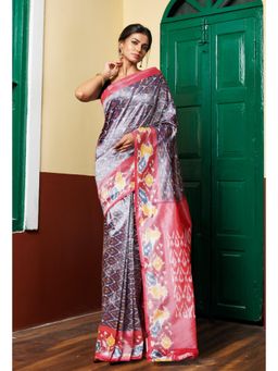 Unnati Silks - Grey Pure Pochampally Mercerized Cotton Silk Saree with Unstitched Blouse