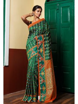 Unnati Silks - Green Pure Pochampally Mercerized Cotton Silk Saree with Unstitched Blouse
