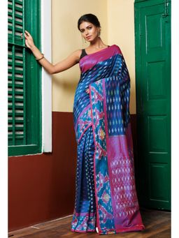 Unnati Silks - Peacock Blue Pure Pochampally Mercerized Cotton Silk Saree with Unstitched Blouse