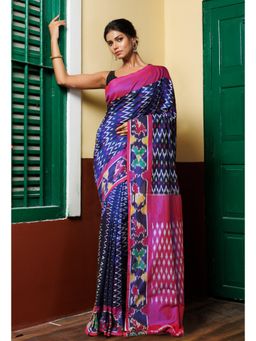 Unnati Silks - Blue Pure Pochampally Mercerized Cotton Silk Saree with Unstitched Blouse