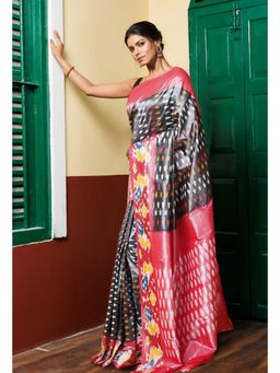 Unnati Silks - Grey Pure Pochampally Mercerized Cotton Silk Saree with Unstitched Blouse
