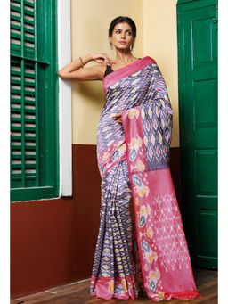 Unnati Silks - Grey Pure Pochampally Mercerized Cotton Silk Saree without Blouse