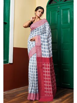 Unnati Silks - White-Blue Pure Pochampally Mercerized Cotton Saree without Blouse