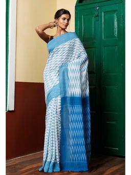 Unnati Silks - White-Blue Pure Pochampally Mercerized Cotton Saree without Blouse