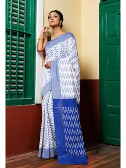 Unnati Silks - White-Blue Pure Pochampally Mercerized Cotton Saree without Blouse