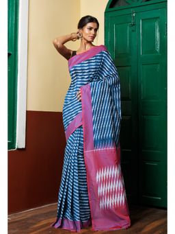 Unnati Silks - Peacock Blue Pure Pochampally Mercerized Cotton Silk Saree without Blouse