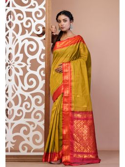 Unnati Silks - Green Pure Handloom Gadwal Cotton Saree without Blouse