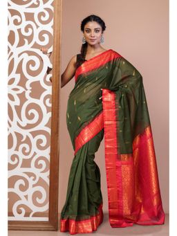 Unnati Silks - Green Pure Handloom Gadwal Cotton Saree without Blouse