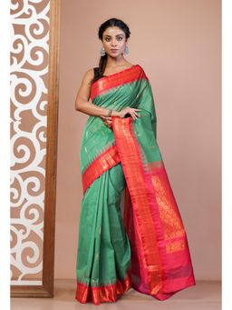 Unnati Silks - Green Pure Handloom Gadwal Cotton Saree without Blouse