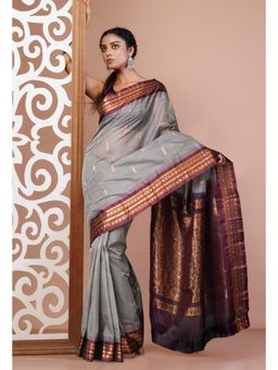 Unnati Silks - Grey Pure Handloom Gadwal Cotton Saree without Blouse
