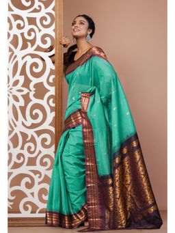 Unnati Silks - Green Pure Handloom Gadwal Cotton Saree without Blouse