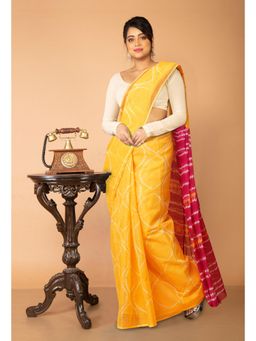 Unnati Silks - Yellow-Pink Pure Tie and Dye Shibori Printed Kota Saree with Unstitched Blouse
