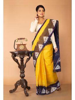 Unnati Silks - Yellow-Navy Blue Pure Tie and Dye Shibori Printed Kota Saree with Unstitched Blouse