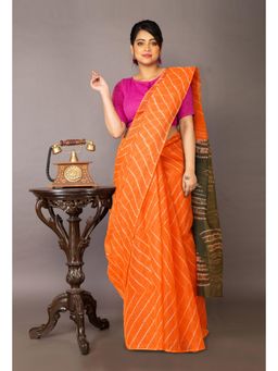 Unnati Silks - Orange-Green Pure Tie and Dye Shibori Printed Kota Saree with Unstitched Blouse
