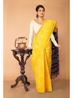 Unnati Silks - Yellow-Navy Blue Pure Tie and Dye Shibori Printed Kota Saree with Unstitched Blouse