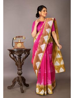 Unnati Silks - Pink-Green Pure Tie and Dye Shibori Printed Kota Saree with Unstitched Blouse