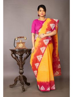 Unnati Silks - Yellow-Pink Pure Tie and Dye Shibori Printed Kota Saree with Unstitched Blouse